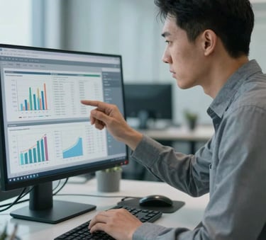 A focused professional analyzing complex data charts on a computer screen in a sleek, modern Global / International corporate office, with soft light blue-grey tones in the environment.