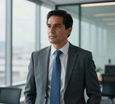 Professional Mexican businessman in a modern office with glass walls, soft daylight, minimalist composition, wearing a professional slate blue tie.
