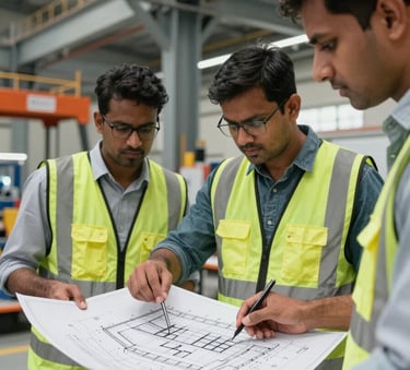 A close-up photograph of a South Asian engineering team reviewing structural fabrication blueprints in a modern facility, with massive steel grey beams and orange safety equipment in the background.