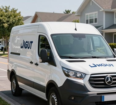 A sleek, professional white service van with subtle dark blue branding parked in a clean suburban North American street. The scene is bright and conveys efficiency.
