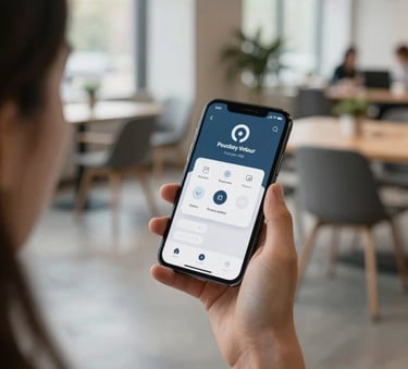 An over-the-shoulder shot of a person using a sleek productivity app on a smartphone in a bright, modern North American co-working space with large windows and minimalist furniture. The lighting is soft and professional.