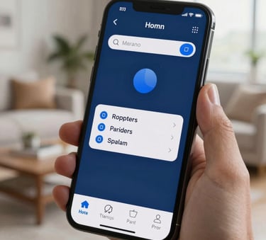 A close-up shot of a modern smartphone displaying a sleek mobile game interface with deep blue and ghost white accents. The device is held in a hand in a bright, contemporary North American living room with soft, natural lighting.