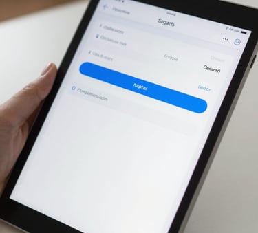 A close-up shot of a modern tablet displaying a clear, professional medical application with simplified data visualizations. The setting is a bright North American / US home environment, representing accessible health technology. Soft daylight, clean lines, professional style.