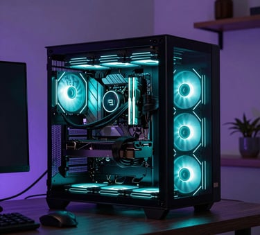 A high-end desktop computer with glowing neon cyan internal cooling and hardware, sitting on a dark desk in a North American home office with subtle purple ambient lighting.