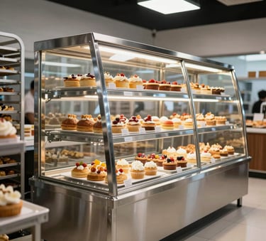 A high-end industrial stainless steel showcase vitrine for a bakery, displaying pastries under bright professional lighting, modern and clean style in a Colombian business.