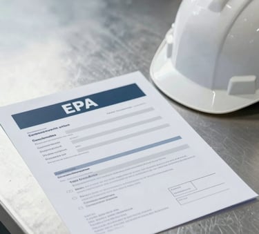 A close-up, high-angle shot of professional safety documentation and an EPA license on a clean, brushed-metal industrial desk, with a white safety helmet nearby. The lighting is crisp and professional, using a corporate palette of #1C2E3C and #F0F4F8.