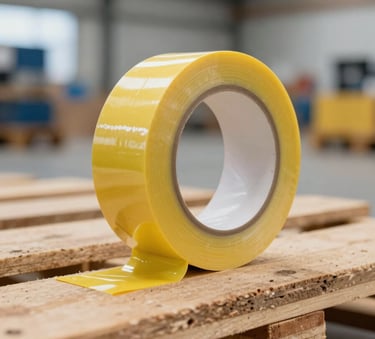 Close-up of industrial-grade yellow adhesive tape being applied to a heavy wooden pallet in a bright, modern warehouse in the Iberian / Latin American region, professional lighting, clean composition.