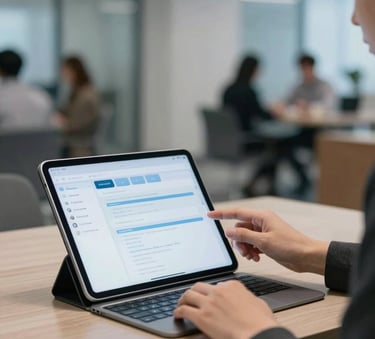 A business professional in a modern North American / US corporate lounge using a sleek iPad Pro with a keyboard, demonstrating a polished enterprise application with soft blue lighting.