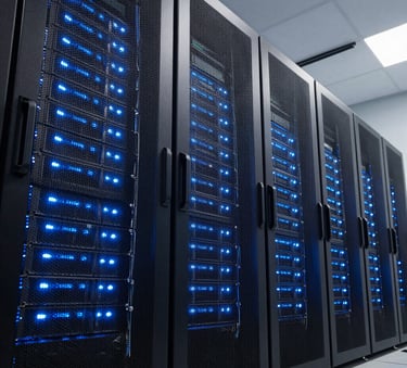 A sophisticated North American data center with rows of high-end servers glowing with soft sky blue LED lights, low angle shot, professional and clean architectural photography.