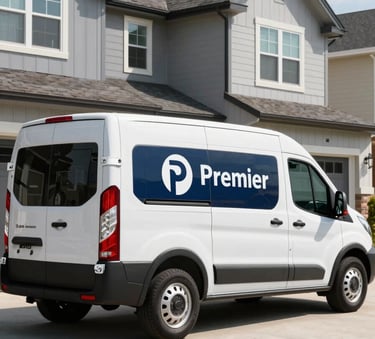 A professional Premier Electric service van with a classic navy blue logo, parked in front of a modern North American / US suburban home during the day. The scene is bright and highlights reliability.