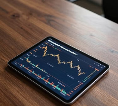 A high-angle professional photograph of a sleek mahogany desk in a corporate office with a digital tablet displaying financial market trends, deep navy blue and burnished gold lighting, International Financial Market / Professional.