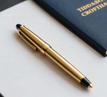 A close-up, high-end professional photograph of a premium gold fountain pen resting on a crisp white academic certificate. The lighting is soft and cinematic, with deep navy blue (#0F1E3D) accents in the background shadows and soft gold (#C9940A) highlights reflecting off the pen. The mood is sophisticated and official.