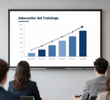 A high-end corporate training room with a modern whiteboard showing a professional growth chart. The lighting is bright and professional, utilizing colors #3E5A73 and #8CA3B8. Sophisticated and clean composition.