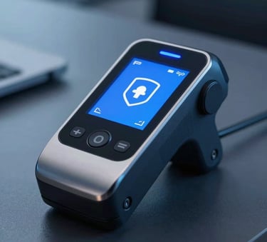 A close-up of a sleek digital security device or biometric reader in a modern South American office setting, symbolizing safety and technology. Professional lighting with medium blue and dark blue accents.