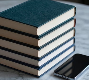 A stack of high-quality hardcover books next to a modern smartphone on a marble surface in a North American / US professional setting, featuring dark charcoal teal and soft steel blue accents.