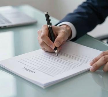A close-up of a professional's hand signing an official financial document on a clean glass desk, reflecting a secure and transparent business environment, using a color palette of navy and cool grays.