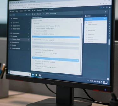 A sleek computer monitor in a corporate office environment showing an organized ECM software interface, with soft blue and navy blue color tones, reflecting professional data management.