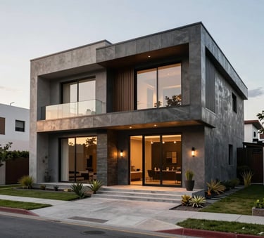 Detailed architectural photography of a modern luxury home exterior in Guadalajara, Mexican contemporary style, sunset lighting, clean lines, steel gray and slate gray textures, high-end residential neighborhood.