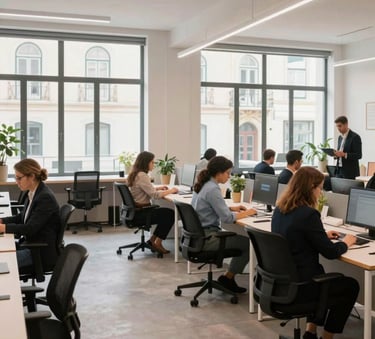 A wide shot of a modern, clean coworking space in Lisbon. Large windows, ergonomic furniture, and people in professional attire working efficiently. Bright, natural lighting in a European / Portuguese setting.