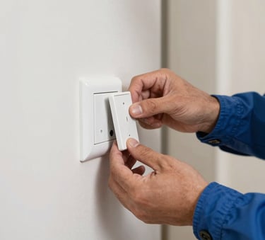 Close-up of hands expertly repairing a white wall switch in a modern Spanish / Andalusian home. The lighting is bright and clean, showing precision and care. Muted blue work clothes visible against off-white walls.