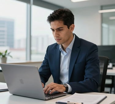 A focused professional in a modern office in a Latinoamericana city looking at a laptop screen, clean composition, soft natural light, professional atmosphere, navy blue and white office decor.