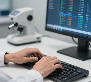 A close-up photograph of a professional in a North American medical office setting, typing on a modern keyboard with a blurred financial dashboard visible on the screen. The lighting is clean and professional, emphasizing a focused, data-driven environment with a color palette of white and royal blue.