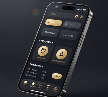A premium smartphone mockup showing a modern mobile app dashboard with dark theme and gold UI elements, floating over a deep #0A0A0A background with subtle lens flare.
