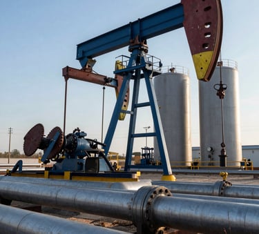 Clean photography of heavy industrial steel pipelines and high-pressure tanks at a global industrial oil extraction site, morning light, deep blue and gray tones.