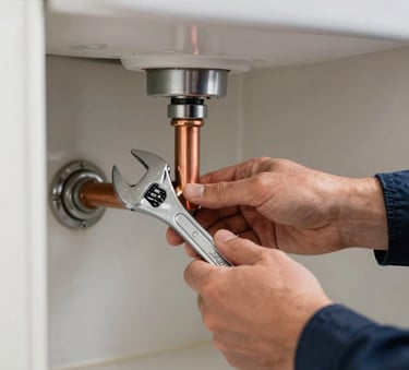 A close-up photograph of a professional plumber's hands using a wrench to repair a copper pipe under a sink in a modern North American / US home. The lighting is bright and clear, emphasizing the metallic textures and the dark blue uniform sleeve.