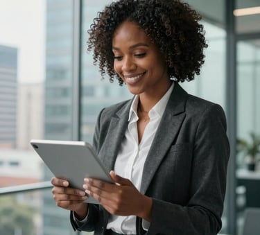A high-end portrait of a professional woman in a sleek, glass-walled office in a modern African city, Global / African diaspora, looking at a tablet with a confident smile. Soft natural morning light with charcoal and teal accents.
