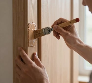 A close-up shot of a professional's hands carefully painting a wooden door frame in a bright Central European / French home interior. The paint is a warm earthy tone, and the lighting is soft and natural, emphasizing precision and care.