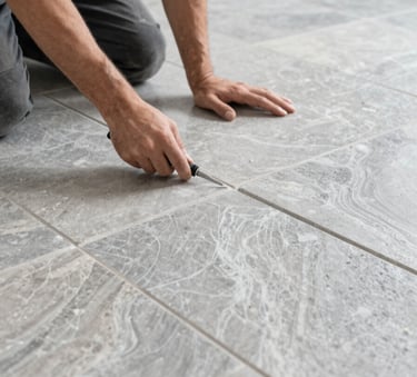 A detailed close-up of a professional installer laying high-quality natural stone tiles on a kitchen floor in a Northern European home. The lighting is bright and clear, highlighting the precise grout lines and the luxurious texture of the silver-grey stone. Professional and clean atmosphere.