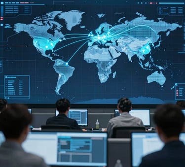A high-tech logistics control room showing a digital world map with glowing light-blue transit routes (#56A8C7). The atmosphere is professional and sophisticated, emphasizing cutting-edge global tracking technology.