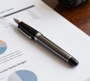 A close-up of a high-end fountain pen resting on a detailed marketing strategy document and analytical reports on a sleek mahogany desk in a North American corporate setting.