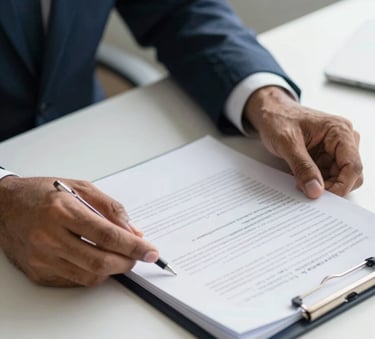 A close-up of a South Asian / Indian professional's hands reviewing legal documents on a clean white desk, professional and focused atmosphere, soft morning light with hints of deep blue and teal in the background.