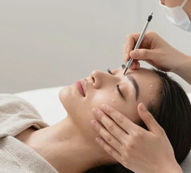 Close-up editorial frame of a practitioner's hands applying a precision facial treatment to a client's cheekbone, soft professional studio lighting revealing skin texture and product detail, neutral linen drape in foreground, clean white clinical surface in background, generous empty space to the left