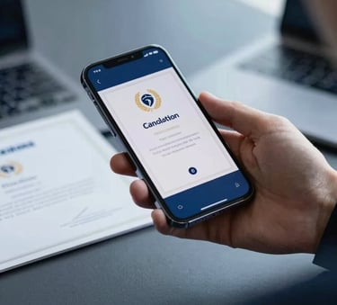 A person receiving a digital certificate on a modern smartphone screen in a high-end office setting, global professional context, clean and sophisticated, dark blue tones.