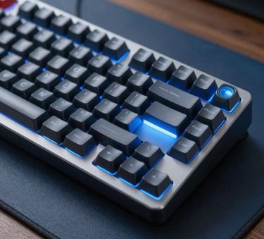 Close-up of a sleek mechanical keyboard on a charcoal blue desk mat, illuminated by subtle aero blue neon light from the side in a professional setting.