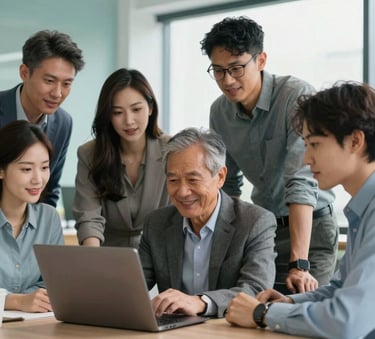 A diverse group of professionals in a North American / US setting collaborating around a laptop in a bright, modern office with soft teal accents, conveying hope and teamwork.