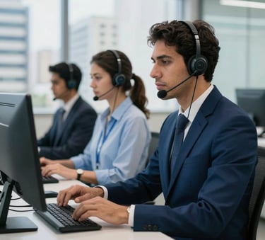 A high-end telecommunications office in a Brazilian city with professional operators wearing modern headsets, focused and efficient atmosphere, soft lighting, using a palette of deep blue and light blue.