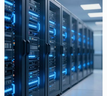 A futuristic data center corridor with glowing blue server racks and glass panels, reflecting the professional and innovative atmosphere of Gigabase Solutions, using a palette of #0A1128 and #4A6FA5.