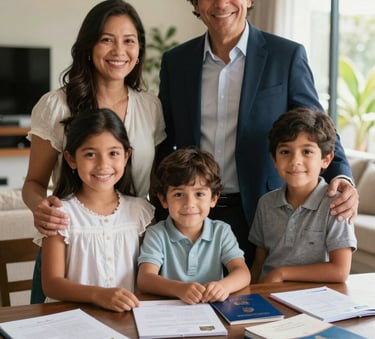 A happy family in South American / Colombian professional attire celebrating together in a sunlit living room with travel documents on a table, soft focus background, professional photography.