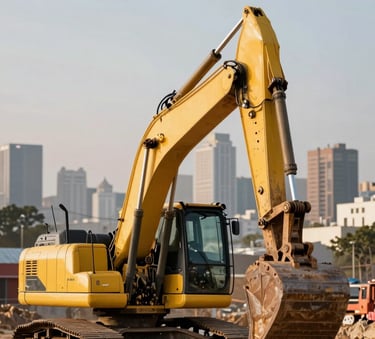A powerful yellow excavator working on a construction site with a blurred Mexican urban skyline in the background, late afternoon warm sunlight, high-quality professional photography.