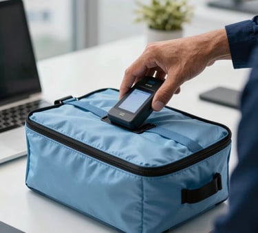 A close-up photograph of a professional hand scanning a secure, sealed logistical pouch with a digital device. The setting is a modern, brightly lit office environment in a South American / Brazilian city. The scene uses colors like light blue and dark blue to convey professionalism and security.