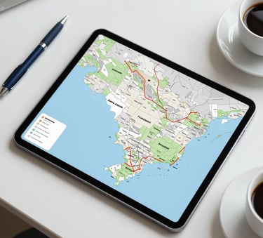 A high-angle professional photograph of a stylized map of the state of Santa Catarina, Brazil, displayed on a modern tablet screen. The screen is sitting on a clean, white minimalist desk next to a dark blue pen and a cup of coffee. Soft morning lighting, professional business atmosphere.