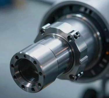 A macro shot of a precision-machined aircraft landing gear component. Sharp focus on technical details, emphasizing precision and reliability. Mood is authoritative and modern, with a palette of #2B4A6B and steel gray.