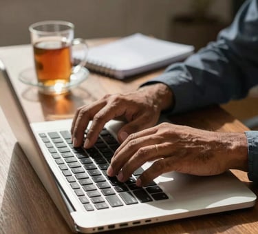 A close-up photograph of a South Asian professional's hands typing on a high-end laptop on a wooden desk, with a glass of tea and a notebook nearby in a sunlit home office.