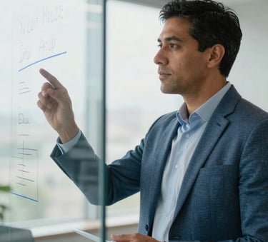 A professional South American consultant in a bright office with soft blue accents, explaining a strategy on a glass board, natural lighting, professional and trustworthy atmosphere.