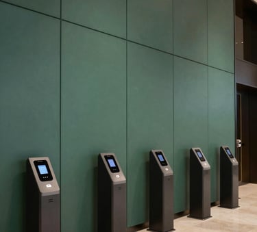 Wide-angle view of a modern building lobby in Muscat, featuring sleek integrated access control pedestals and discreet CCTV cameras. Refined aesthetic with matte forest green and charcoal dark details in a Middle Eastern / Gulf corporate setting.