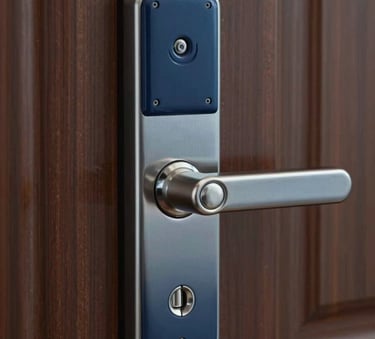 A close-up, professional photograph of a modern high-security deadbolt lock being installed on a polished dark wood door. The lighting is sharp and focused, emphasizing the precision of the hardware. The color palette includes metallic silvers and deep blues matching #1A2E35.